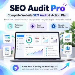 May include: A laptop screen displays an SEO Audit Pro dashboard with a health score of 78, 23 issues found, 42 pages analysed, and 56 keyword opportunities. The interface includes charts, graphs, and text detailing technical checks and action plans.