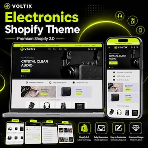 Puede incluir: Una visualización digital del tema Shopify Voltix Electronics en una pantalla de portátil y teléfono inteligente. La interfaz presenta un esquema de color negro y verde lima con el texto Crystal Clear Audio, mostrando categorías de productos, menús de navegación e iconos para auriculares, altavoces y dispositivos móviles, destacando un diseño de comercio electrónico receptivo.