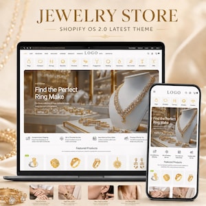 Op de afbeelding: Een digitale weergave van een juwelierswebsite op een laptop- en smartphonescherm, met een gouden ketting op een buste, diverse gouden ringen en navigatiemenu's met tekst waaronder Jewelry Store en Find the Perfect Ring Make.