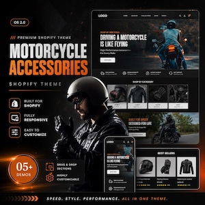 May include: A digital marketing graphic for a Shopify theme titled Motorcycle Accessories, featuring a rider in a helmet and leather jacket, a website interface mockup, and a mobile phone display showcasing product categories and best sellers.