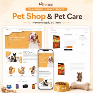May include: A digital display of a Petoria pet shop website theme featuring a desktop layout, a mobile interface, a yellow pet food bowl with white paw prints, and a tan plush bone toy. The screens show images of dogs and cats, pet food bags, and text.