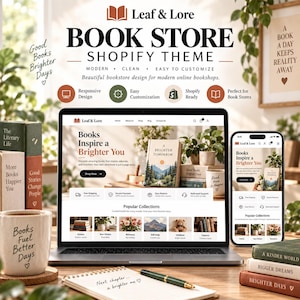 May include: A digital display of the Leaf & Lore Shopify theme for bookstores, shown on a laptop and smartphone. The interface features the text 'Books Inspire a Brighter You' and 'Popular Collections' alongside book-themed graphics and icons.