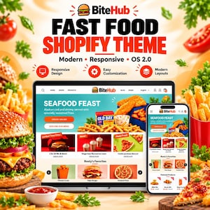 Könnte beinhalten: Eine digitale Darstellung des BiteHub Shopify-Themes mit einem Laptop und einem Smartphone, die eine Fast-Food-Website-Oberfläche mit Meeresfrüchten, Burgern, Pizza und Pommes frites sowie frischen Zutaten zeigen.