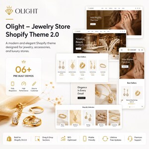 May include: A promotional image for Olight, a Shopify theme for jewelry stores. The image showcases website mockups with jewelry displays, including rings, necklaces, and earrings. The theme is described as modern and elegant, designed for jewelry, accessories, and luxury stores.