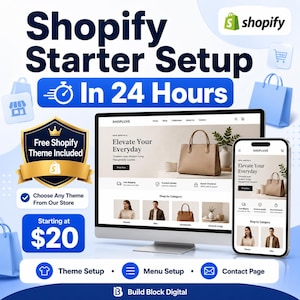 Pode incluir: Um anúncio digital para Shopify Starter Setup em 24 horas a partir de $20. O gráfico apresenta um monitor de computador e um smartphone exibindo um site de e-commerce, um emblema de escudo dourado com texto e ícones de configuração.