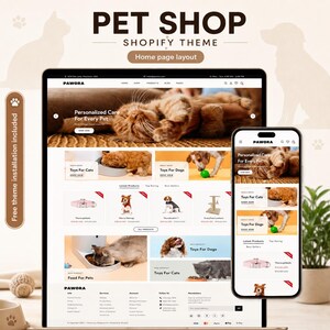 Könnte beinhalten: Eine digitale Darstellung eines Shopify-Themes für eine Tierhandlung namens Pawora, gezeigt auf einem Desktop-Monitor und einem Smartphone. Das Website-Layout enthält Bilder von Katzen und Hunden sowie Produktkategorien für Tierbedarf.