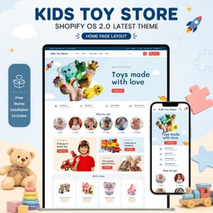May include: A digital display of a Kids Toy Store website theme on a desktop monitor and a smartphone. The interface features a hero section with animal finger puppets, a shop by age section, and product grids with toy images and text.