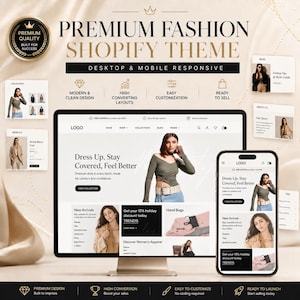 May include: A digital display of a premium fashion Shopify theme featuring desktop and mobile responsive layouts. The interface showcases a clothing store website with a hero image of a person in a long-sleeve top, navigation menus, and product sections.