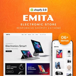 Könnte beinhalten: Werbebild für ein E-Commerce-Shopify-Theme namens EMITA. Das Design zeigt ein Website-Layout mit Laptops und einem Smartphone, das Produktbeispiele anzeigt. Der Hintergrund ist orange mit einem Shopify 2.0-Logo.