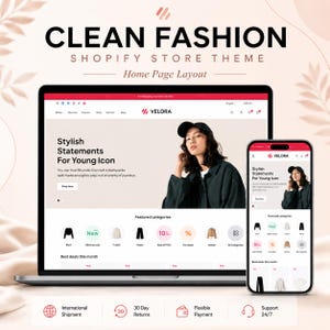 Può includere: Una visualizzazione digitale di un tema per negozio Shopify chiamato Velora su uno schermo di laptop e smartphone. Il sito web presenta una sezione principale con una persona in giacca nera, menu di navigazione, categorie e il testo Clean Fashion.
