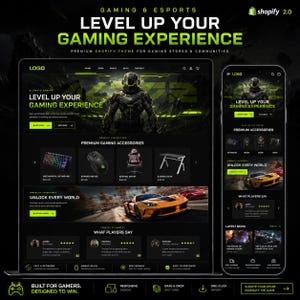 May include: A digital display of a Shopify 2.0 gaming theme featuring a dark interface with neon green text. The layout showcases a hero section with a futuristic character, product categories for keyboards and mice, and a yellow sports car graphic.