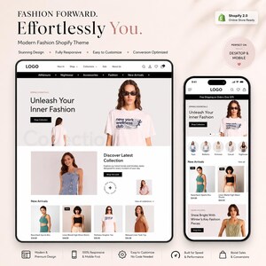 May include: A digital mockup of a Shopify fashion website theme displayed on a desktop monitor and a smartphone screen. The interface features a navigation menu, hero banner with text Unleash Your Inner Fashion, product grids, and model photography.