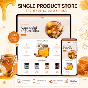 Op de afbeelding: Een digitale weergave van een Shopify OS 2.0 website-thema voor een honingwinkel, met desktop- en mobiele weergave. De lay-out bevat productafbeeldingen van honingpotten, een houten honingdipper en bloemaccenten met de tekst A spoonful of pure bliss.