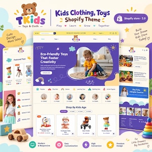 May include: A digital display of a Shopify e-commerce website theme titled TKids Toys & Cloth, featuring a purple and white layout with product categories, a hero image of a child playing, and various toy listings including a stroller and dolls.