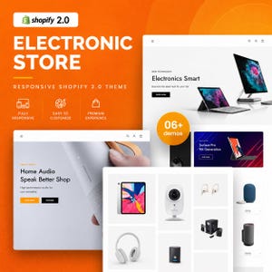 Puede incluir: Un tema de tienda electrónica Shopify 2.0 sobre un fondo naranja brillante con texto en blanco. El diseño muestra ejemplos de interfaces de sitios web, incluyendo un monitor de computadora, una tableta e iconos de productos.