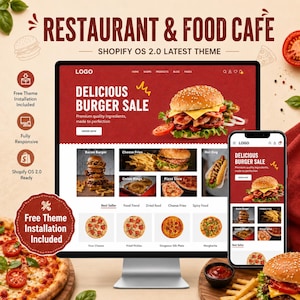 May include: A digital display of a website template titled Restaurant & Food Cafe, featuring a burger sale banner, menu categories, and product listings for burgers, pizza, and fries, shown on a desktop monitor and a mobile phone screen.