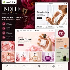 May include: A website design for "INDITE" perfume and cosmetics. The design features various perfume bottles, floral arrangements, and website elements. The text includes "Seductive Scent" and "Special Perfume". The color palette is dominated by pinks, browns, and whites.