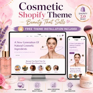 May include: A digital display of a Shopify website theme for beauty products, featuring a desktop monitor and a smartphone showing a landing page with the text A New Generation Of Natural Cosmetic Ingredients, surrounded by cosmetic bottles and brushes.