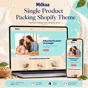 May include: A laptop and smartphone displaying the Milkaa Single Product Packing Shopify Theme website. The screen shows a light blue and beige interface with images of people drinking milk, text reading Enhancing the power of strength, and product categories for Almond, Soy, and Oat milk.