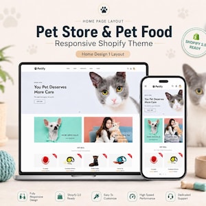 Könnte beinhalten: Ein Laptop und ein Smartphone mit einem Petify-Onlineshop-Theme für Haustiere. Der Bildschirm zeigt eine Katze, einen Hund und Tierbedarfsprodukte. Der Text umfasst Pet Store & Pet Food, Responsive Shopify Theme und Shopify 2.0 Ready.
