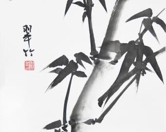 Original Sumi Ink Art "Young Bamboo", Rice Paper, Bamboo, Vitality, Minimal, Zen Art