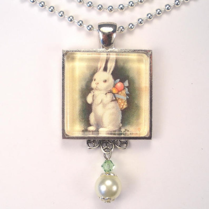 Easter Necklace Charming Bunny Rabbit Graphic Art Pendant Vintage Charm Jewelry Handmade by Charmedware