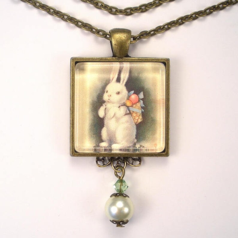 Easter Necklace Charming Bunny Rabbit Graphic Art Pendant Vintage Charm Jewelry Handmade by Charmedware