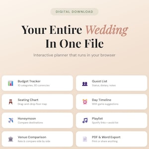 Op de afbeelding: Digitaal downloadbare huwelijksplanner met de tekst "Your Entire Wedding In One File". Functies omvatten budgettracker, gastenlijst, zitplaatsen, dagtijdlijn, huwelijksreisplanning, afspeellijst, locatievergelijking en PDF- en Word-export.