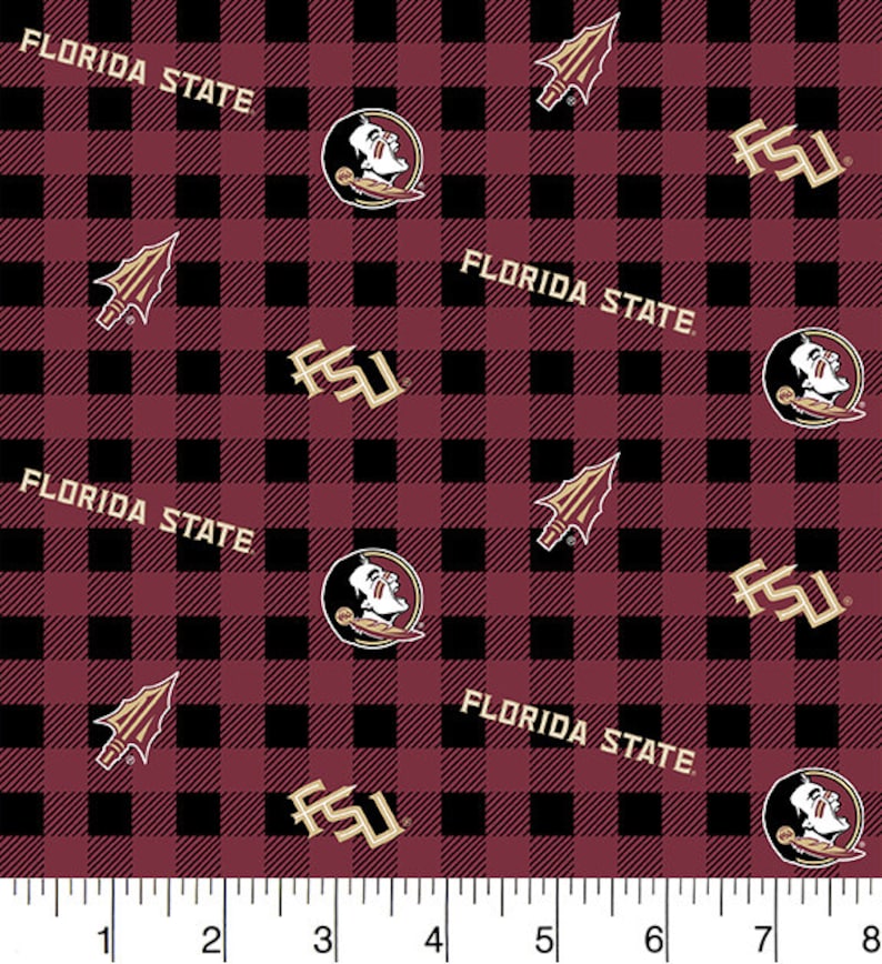 100/% cotton fabric-Sold by the Yard-Sykel NCAA Cotton Fabric Florida State University FSU Cotton Fabric with Mini Buffalo Plaid Design