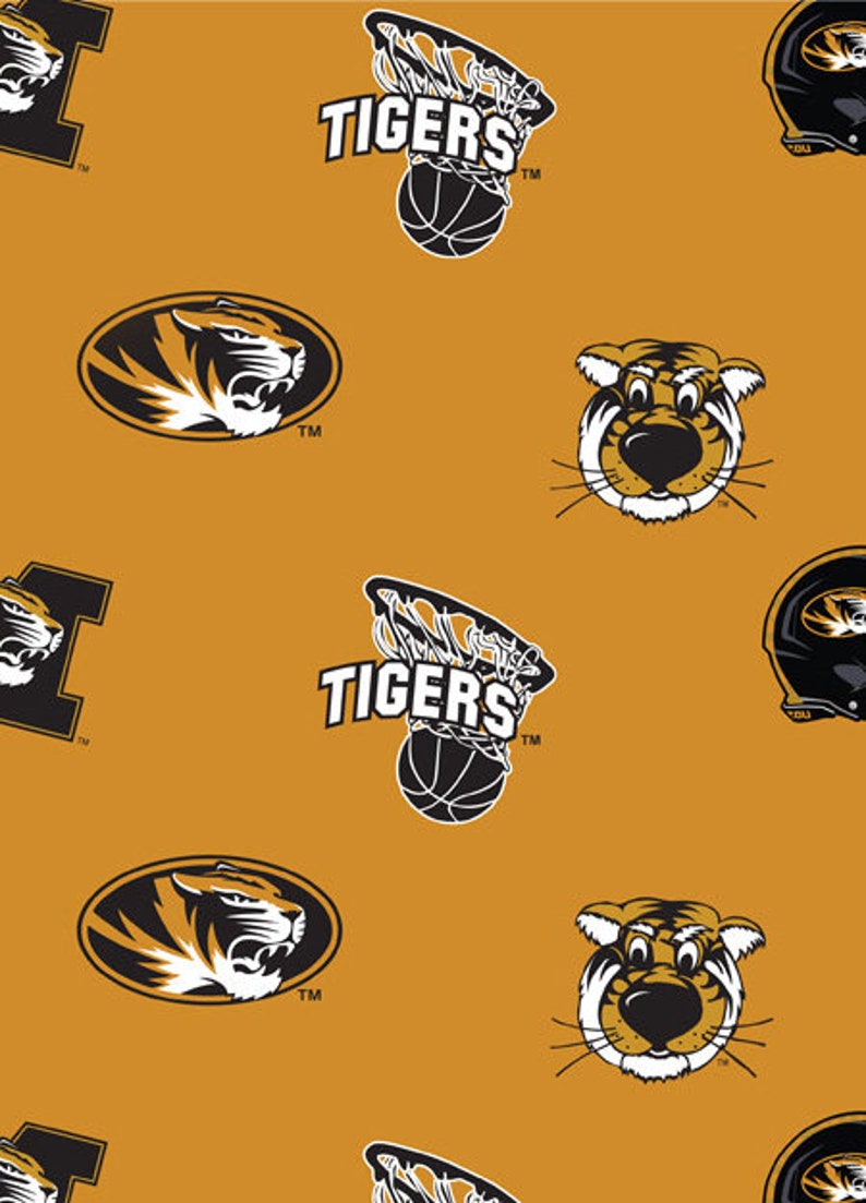 University of Missouri Mizzou Cotton Fabric-School Colored Ground with Allover Logo Print-Sold by the Yard-