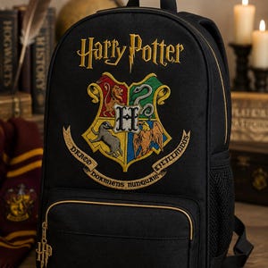 May include: A black backpack featuring the gold embroidered Harry Potter logo and the Hogwarts school crest. The crest displays four quadrants with a lion, snake, badger, and eagle, plus a banner with the text Draco Dormiens Nunquam Titillandus.