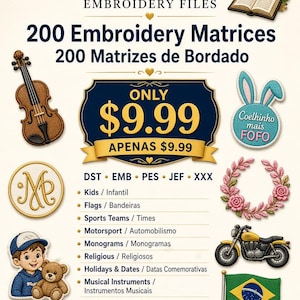 May include: A digital advertisement for AB Embroidery Files featuring 200 embroidery matrices. The graphic displays various embroidered icons including a violin, a rabbit, a monogram, a rose wreath, a motorcycle, and a flag, alongside file formats.