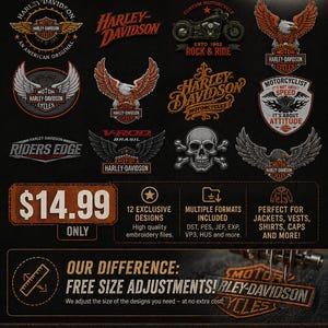 May include: A digital collection of 12 Harley-Davidson embroidery designs featuring various logos, eagles, skulls, and motorcycle graphics. The pack includes multiple file formats like DST, PES, JEF, EXP, VP3, and HUS for use on jackets, vests, and caps.