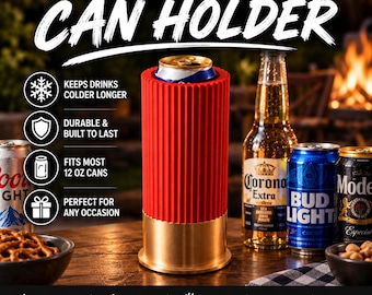 May include: A red and gold shotgun shell can holder with a ribbed texture, designed to fit a 355 ml beverage can. The text SHOTGUN SHELL CAN HOLDER is displayed at the top, with icons and text listing features like keeps drinks colder longer.