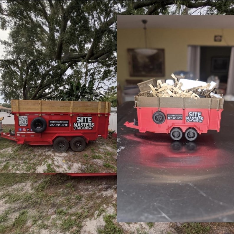 May include: A red dump trailer with wooden side panels and black wheels, featuring the text SITE MASTERS JUNK REMOVAL and a QR code on the side. The image shows both a full-sized trailer outdoors and a miniature scale model of the same trailer.