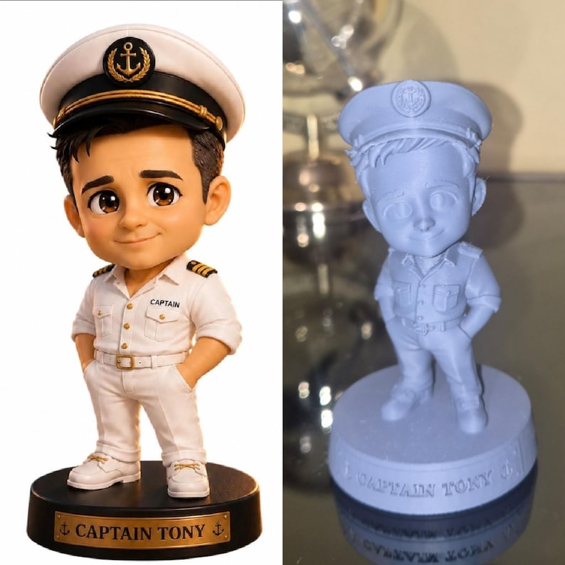 May include: A custom bobblehead figure of a captain wearing a white uniform with gold accents and a matching hat with an anchor emblem. The base is black with a gold plaque reading CAPTAIN TONY. A second unpainted grey version is also shown.