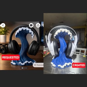 May include: A blue and white wave-shaped headphone stand designed to hold over-ear headphones. The structure features a deep blue central column with sculpted white foam detailing along the crest and base, supporting a pair of headphones.