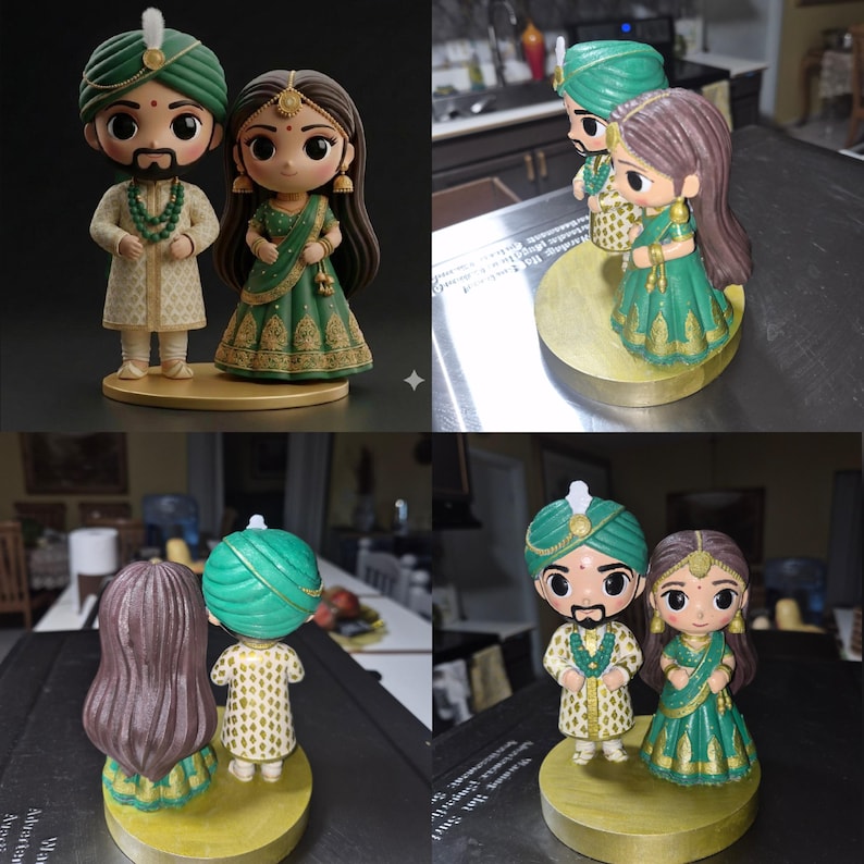 May include: A pair of stylised figurines depicting a couple in traditional Indian wedding attire. The figure on the left wears a green turban and cream-coloured sherwani, while the figure on the right wears a green lehenga with gold embroidery.
