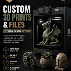May include: A black Bambu Lab P1S 3D printer displaying a green dragon print inside. Below are a black gear assembly, a geometric succulent planter, and a tan helmet bust. Text includes StackLabDesign, CUSTOM 3D PRINTS & FILES, and service icons.