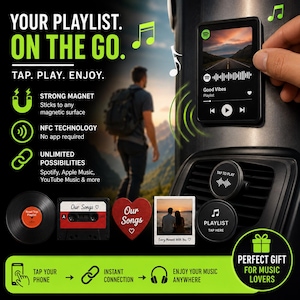May include: A rectangular magnetic plaque featuring a Spotify interface with the text Good Vibes, alongside circular and heart-shaped magnetic accessories. The display includes text stating Your Playlist On The Go, Tap. Play. Enjoy., Strong Magnet, NFC Technology, and Unlimited Possibilities. Icons of a vinyl record, cassette tape, and photo are shown.