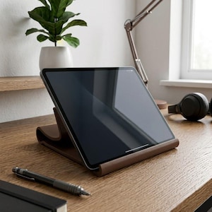 May include: A dark brown leather tablet stand holding a tablet with a black screen. The stand features a curved, minimalist design that supports the device at an angle. The tablet has a thin silver frame and a reflective glass display surface.