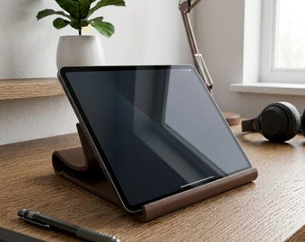 May include: A dark brown leather tablet stand holding a tablet with a black screen. The stand features a curved, minimalist design that supports the device at an angle. The tablet has a thin silver frame and a reflective glass display surface.