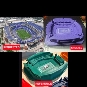 May include: A composite image showing an aerial view of a stadium labelled REQUESTED, a purple 3D-printed stadium model labelled CREATED, and a green 3D-printed stadium model labelled REFERENCE. The models feature detailed seating and field logos.