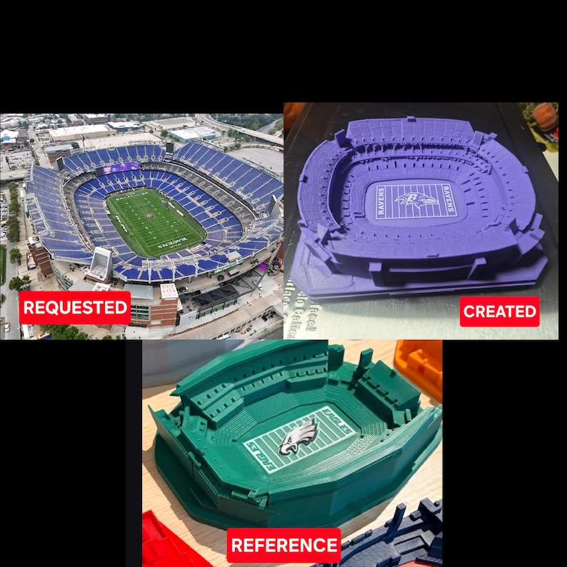 May include: A composite image showing an aerial view of a stadium labelled REQUESTED, a purple 3D-printed stadium model labelled CREATED, and a green 3D-printed stadium model labelled REFERENCE. The models feature detailed seating and field logos.
