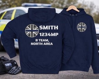 Sudadera con capucha personalizada de la Línea Azul Delgada de la Policía / Añade los datos del agente y la unidad en la parte posterior.