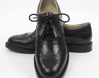 Traditional Scottish Leather Ghillie Brogues - Handmade Highland Wedding Shoes - Classic Kilt Footwear Boots - Black Leather Shoes & Laces