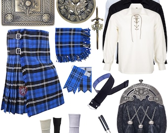 Ramsay blauwe kiltoutfit voor heren - volledige 10-delige Highland-set - 8 Yard Tartan-kilt, Thistle Sporran, bruiloftkiltset en accessoires