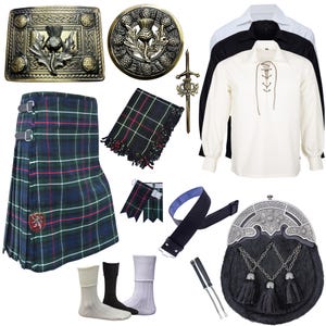Mackenzie Kilt Outfit for Men - Complete 10-Piece Highland Set - 8 Yard Traditional Tartan Kilt, Thistle Sporran, & Kilt Pin brooch
