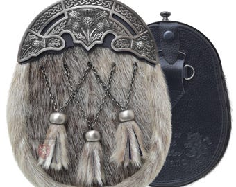 Robe écossaise Sporran pour homme - Cuir de fourrure marron de qualité supérieure Sporran, troussequin ancien en chardon, cadeau traditionnel Highland Wear - Ceinture Sporran
