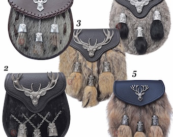 Schottische Leder Semi-Dress Kilt Sporran - Schwarzer Rinder Silber Hirschkopf & Hirschgeprägte Quasten - Traditionelle keltische Kleidung Sporrans für Männer